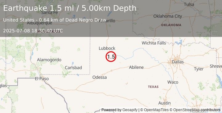 Earthquake 19 km SW of Post, Texas (1.5 ml) (2025-07-08 18:30:40 UTC)