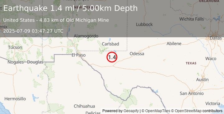 Earthquake 47 km NW of Toyah, Texas (1.4 ml) (2025-07-09 03:47:27 UTC)