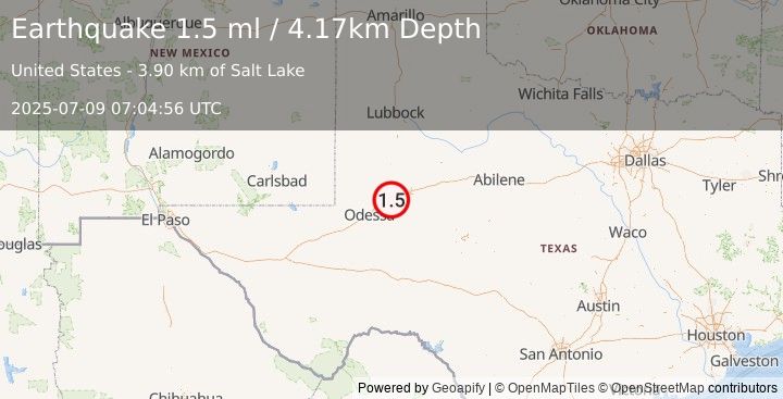 Earthquake 12 km WSW of Stanton, Texas (1.5 ml) (2025-07-09 07:04:56 UTC)