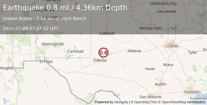 Earthquake 37 km NW of Stanton, Texas (0.8 ml) (2025-07-09 07:07:32 UTC)