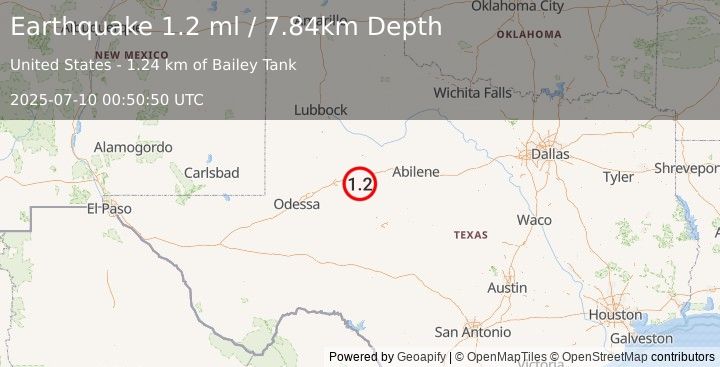 Earthquake 15 km SSE of Westbrook, Texas (1.2 ml) (2025-07-10 00:50:50 UTC)