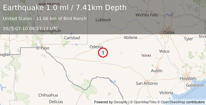 Earthquake 27 km NNE of Rankin, Texas (1.0 ml) (2025-07-10 06:53:13 UTC)