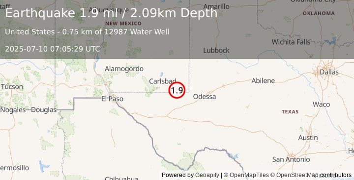 Earthquake 38 km W of Jal, New Mexico (1.9 ml) (2025-07-10 07:05:29 UTC)