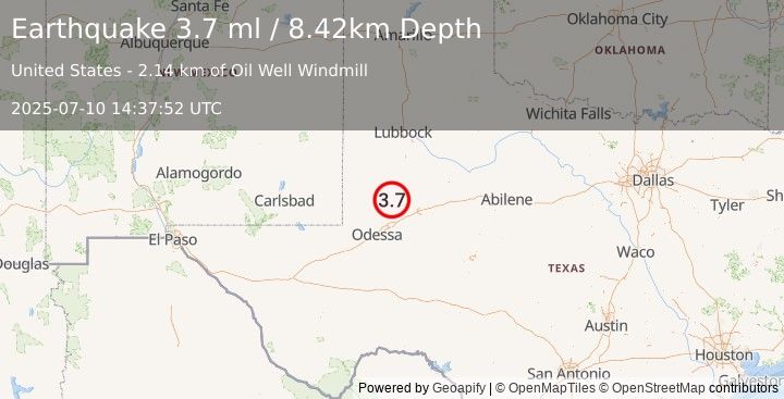 Earthquake 33 km SSW of Los Ybanez, Texas (3.7 ml) (2025-07-10 14:37:52 UTC)