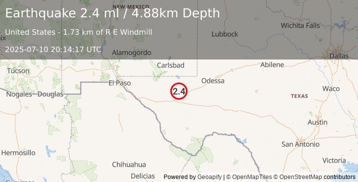 Earthquake 16 km NNW of Toyah, Texas (2.4 ml) (2025-07-10 20:14:17 UTC)