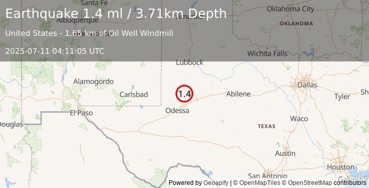 Earthquake 33 km WSW of Ackerly, Texas (1.4 ml) (2025-07-11 04:11:05 UTC)