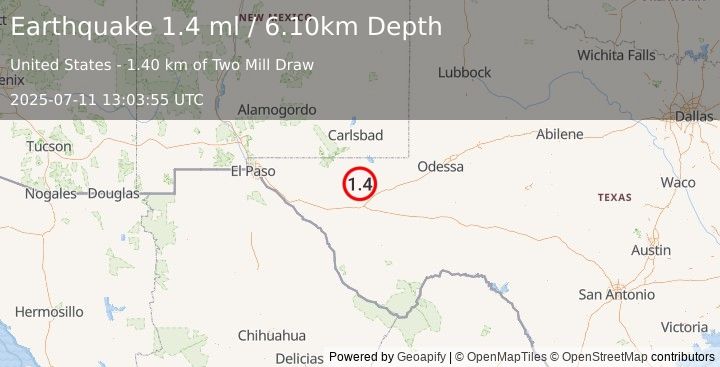Earthquake 39 km NW of Toyah, Texas (1.4 ml) (2025-07-11 13:03:55 UTC)