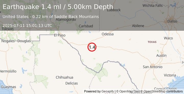 Earthquake 11 km SSE of Balmorhea, Texas (1.4 ml) (2025-07-11 15:01:13 UTC)