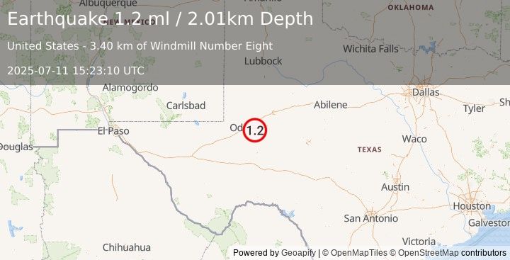 Earthquake 24 km S of Midland, Texas (1.2 ml) (2025-07-11 15:23:10 UTC)