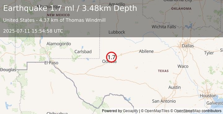 Earthquake 17 km NW of Midland, Texas (1.7 ml) (2025-07-11 15:54:58 UTC)
