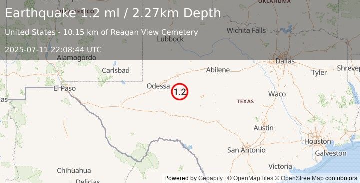 Earthquake 26 km SSE of Garden City, Texas (1.2 ml) (2025-07-11 22:08:44 UTC)