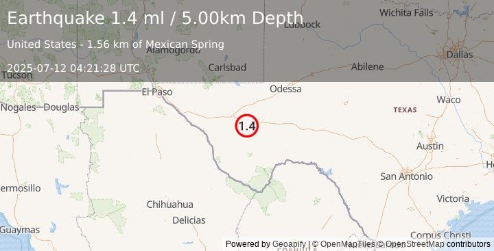 Earthquake 21 km SE of Balmorhea, Texas (1.4 ml) (2025-07-12 04:21:28 UTC)