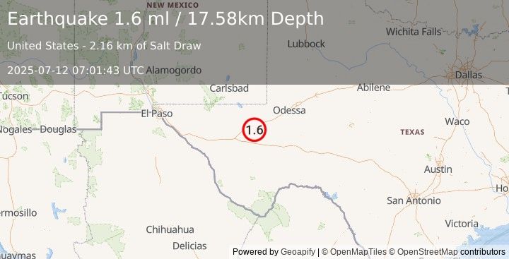 Earthquake 9 km ESE of Lindsay, Texas (1.6 ml) (2025-07-12 07:01:43 UTC)