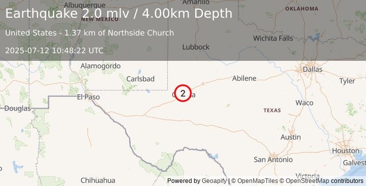 Earthquake 6 km NNW of Odessa, Texas (2.0 mlv) (2025-07-12 10:48:22 UTC)