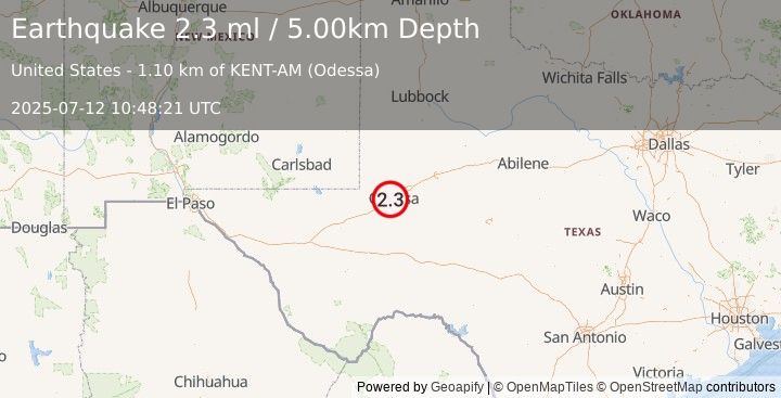 Earthquake 6 km ESE of West Odessa, Texas (2.3 ml) (2025-07-12 10:48:21 UTC)