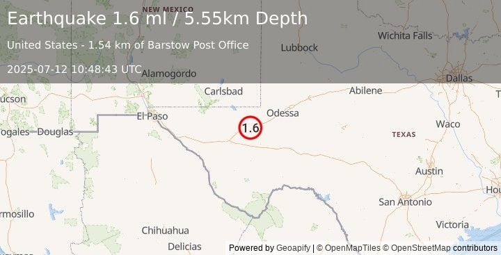 Earthquake 1 km SSE of Barstow, Texas (1.6 ml) (2025-07-12 10:48:43 UTC)