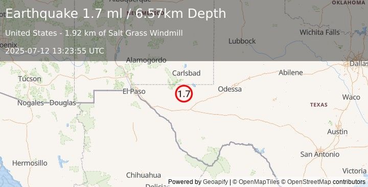 Earthquake 55 km S of Whites City, New Mexico (1.7 ml) (2025-07-12 13:23:55 UTC)