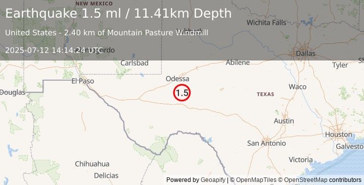 Earthquake 18 km ESE of Crane, Texas (1.5 ml) (2025-07-12 14:14:24 UTC)
