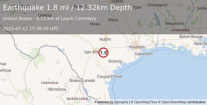 Earthquake 16 km NW of Nixon, Texas (1.8 ml) (2025-07-12 15:36:56 UTC)