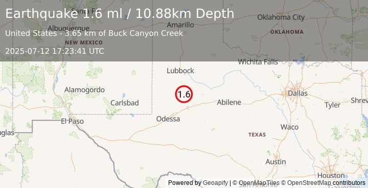 Earthquake 21 km E of Los Ybanez, Texas (1.6 ml) (2025-07-12 17:23:41 UTC)