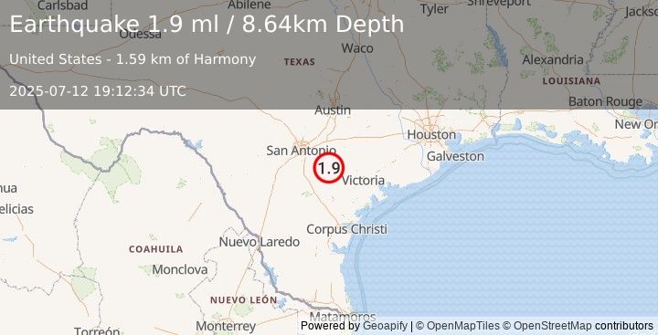 Earthquake 20 km ENE of Falls City, Texas (1.9 ml) (2025-07-12 19:12:34 UTC)