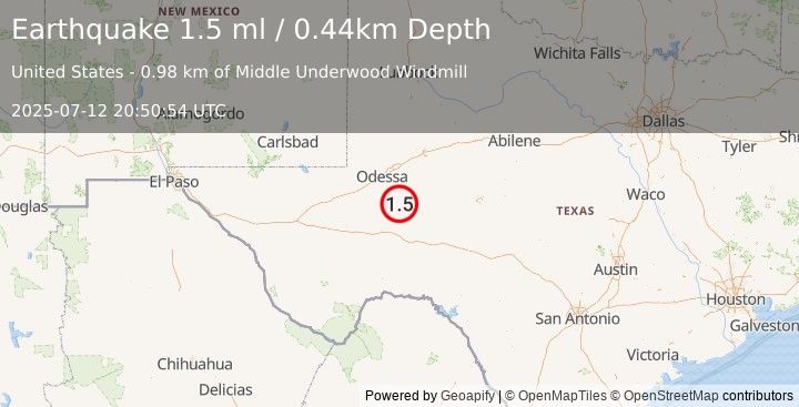 Earthquake 19 km NNW of Rankin, Texas (1.5 ml) (2025-07-12 20:50:54 UTC)
