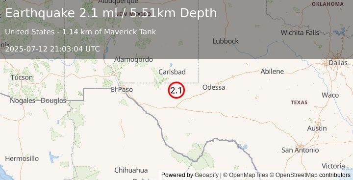 Earthquake 41 km W of Mentone, Texas (2.1 ml) (2025-07-12 21:03:04 UTC)