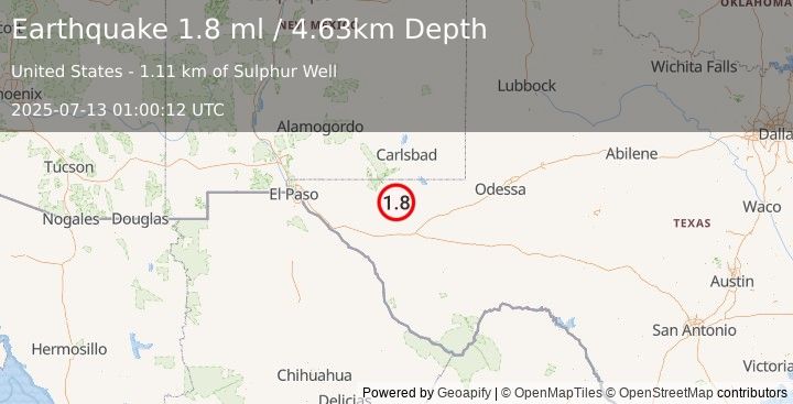 Earthquake 61 km S of Whites City, New Mexico (1.8 ml) (2025-07-13 01:00:12 UTC)
