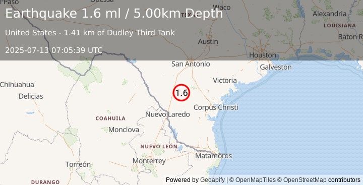 Earthquake 17 km SSW of Fowlerton, Texas (1.6 ml) (2025-07-13 07:05:39 UTC)