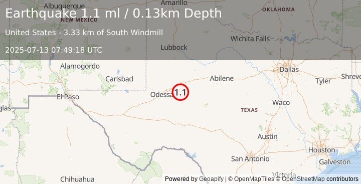 Earthquake 22 km NNW of Stanton, Texas (0.3 ml) (2025-07-13 07:49:20 UTC)
