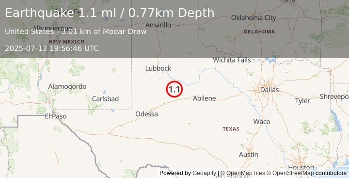 Earthquake 19 km WNW of Snyder, Texas (1.1 ml) (2025-07-13 19:56:46 UTC)