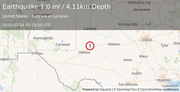 Earthquake 21 km NNW of Stanton, Texas (1.1 ml) (2025-07-14 07:10:21 UTC)