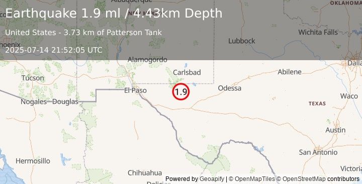 Earthquake 54 km S of Whites City, New Mexico (1.9 ml) (2025-07-14 21:52:06 UTC)