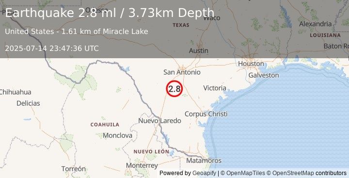 Earthquake 17 km SW of Charlotte, Texas (2.8 ml) (2025-07-14 23:47:36 UTC)