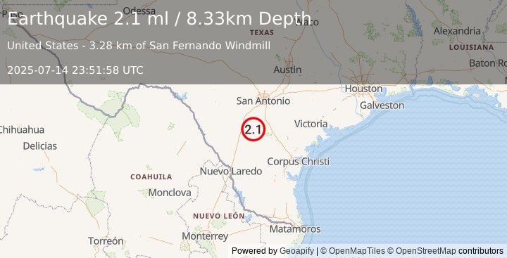 Earthquake 11 km SW of Christine, Texas (1.8 ml) (2025-07-14 23:52:00 UTC)