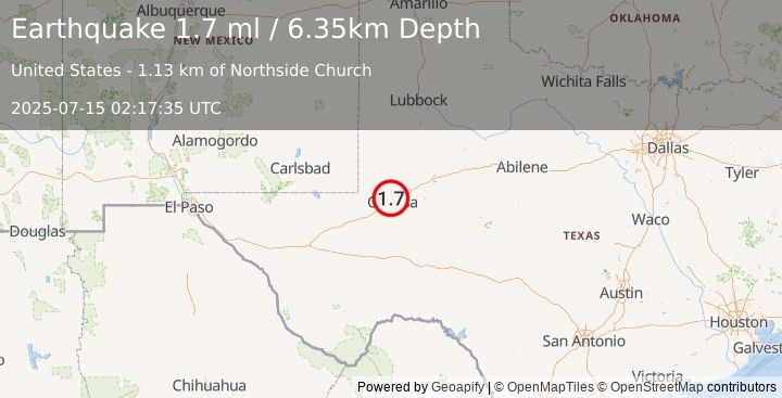 Earthquake 6 km NNW of Odessa, Texas (1.7 ml) (2025-07-15 02:17:35 UTC)
