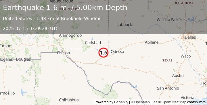 Earthquake 18 km ENE of Mentone, Texas (1.6 ml) (2025-07-15 03:09:00 UTC)
