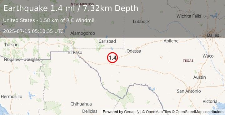 Earthquake 16 km NNW of Toyah, Texas (1.4 ml) (2025-07-15 05:10:35 UTC)