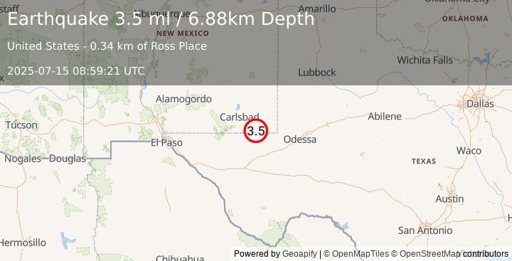 Earthquake 36 km ESE of Malaga, New Mexico (3.5 ml) (2025-07-15 08:59:21 UTC)