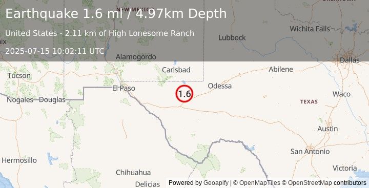 Earthquake 26 km NNW of Toyah, Texas (1.6 ml) (2025-07-15 10:02:11 UTC)