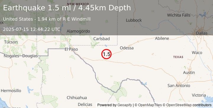 Earthquake 16 km NNW of Toyah, Texas (1.5 ml) (2025-07-15 12:44:22 UTC)