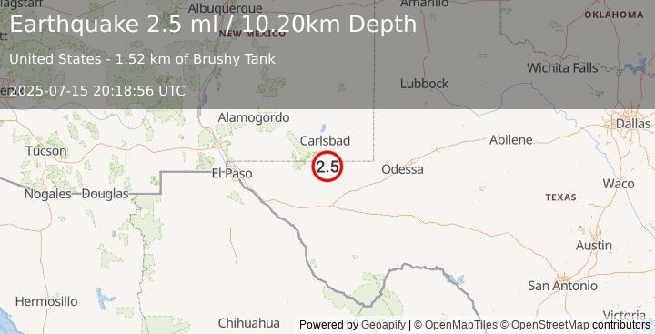 Earthquake 37 km SSE of Whites City, New Mexico (2.5 ml) (2025-07-15 20:18:56 UTC)