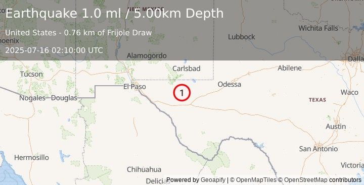 Earthquake 64 km WNW of Toyah, Texas (1.0 ml) (2025-07-16 02:10:00 UTC)