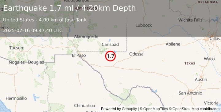 Earthquake 53 km SSE of Whites City, New Mexico (1.7 ml) (2025-07-16 09:47:40 UTC)