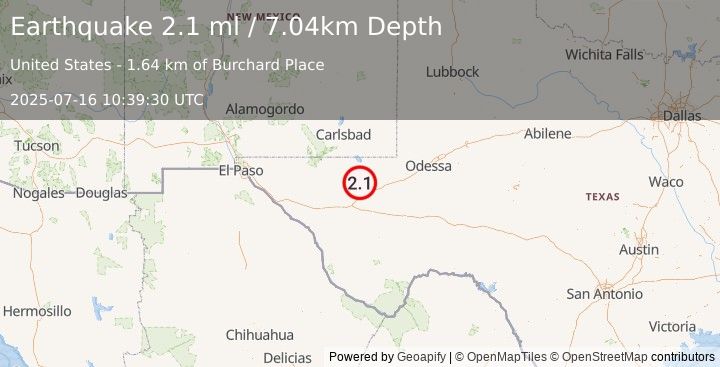 Earthquake 22 km NNW of Toyah, Texas (2.1 ml) (2025-07-16 10:39:30 UTC)
