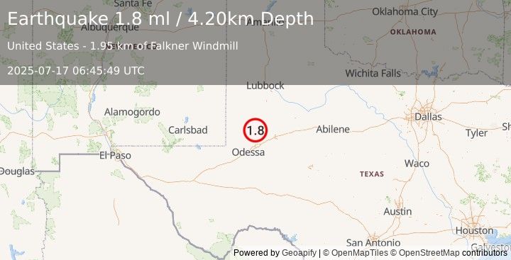 Earthquake 38 km ENE of McKinney Acres, Texas (1.8 ml) (2025-07-17 06:45:49 UTC)