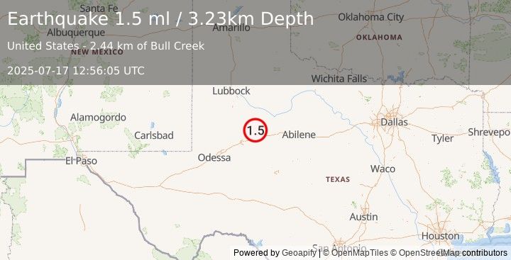 Earthquake 23 km SW of Snyder, Texas (1.5 ml) (2025-07-17 12:56:05 UTC)