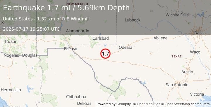 Earthquake 16 km NNW of Toyah, Texas (1.7 ml) (2025-07-17 19:25:07 UTC)