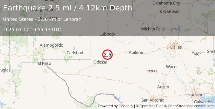 Earthquake 20 km NNW of Stanton, Texas (2.5 ml) (2025-07-17 19:55:13 UTC)