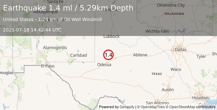 Earthquake 33 km WSW of Ackerly, Texas (1.4 ml) (2025-07-18 14:42:44 UTC)
